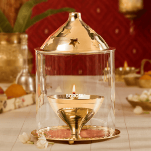 Borosil Brass Akhand Diya with Borosilicate Glass - Large