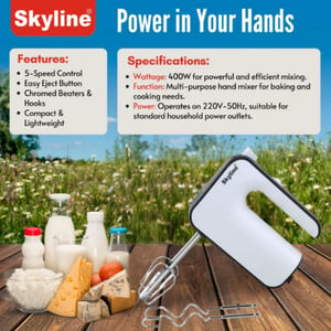 Skyline VTL-7041 Hand Mixer 400 watts with Dough Kneader, 5-Speed with Turbo Function, 1 year warranty image 4