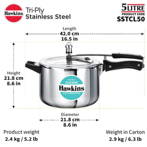 Hawkins Classic 5 Litre Tri-Ply Pressure Cooker, Triply Stainless Steel Inner Lid Cooker, Silver (SSTCL50) image 8