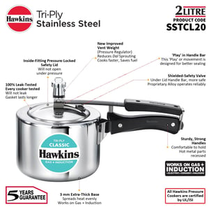 Hawkins Triply 2 Litre Classic Pressure Cooker, Triply Stainless Steel Induction Inner Lid & Small Cooker, Silver (SSTCL20) image 7
