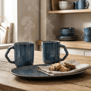 Tatva Morning Set, Ceramic Set with 2 Mugs and 1 Serving Platter - Dark Blue