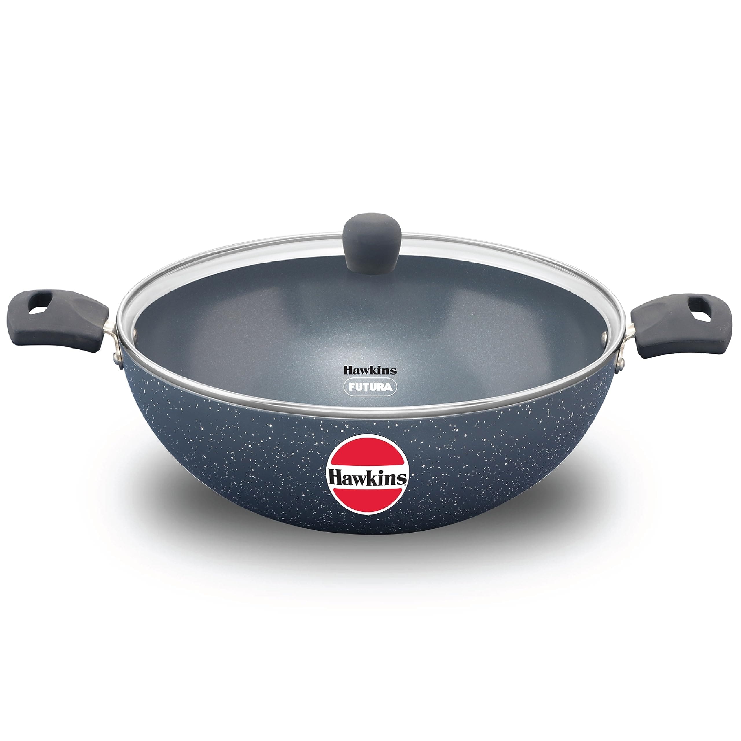 Hawkins Ceramic Nonstick Deep Kadhai, Induction Deep Fry Pan with Glass Lid, Granite Kadai