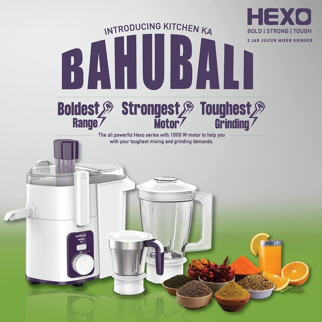 Havells Hexo 1000 Watts Juicer Mixer Grinder (JMG), 2 Jar, Heavy Duty Mixer