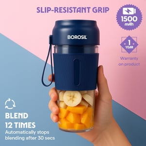 Borosil NutriGrip Blue Portable Blender | 40W Low-Noise DC Motor | 300ml Unbreakable PC Jar | USB Rechargeable | Turbo 6 Blade Action | Smoothies, Shakes, Soft Fruit, Protein Mix | 1 Year Warranty image 2