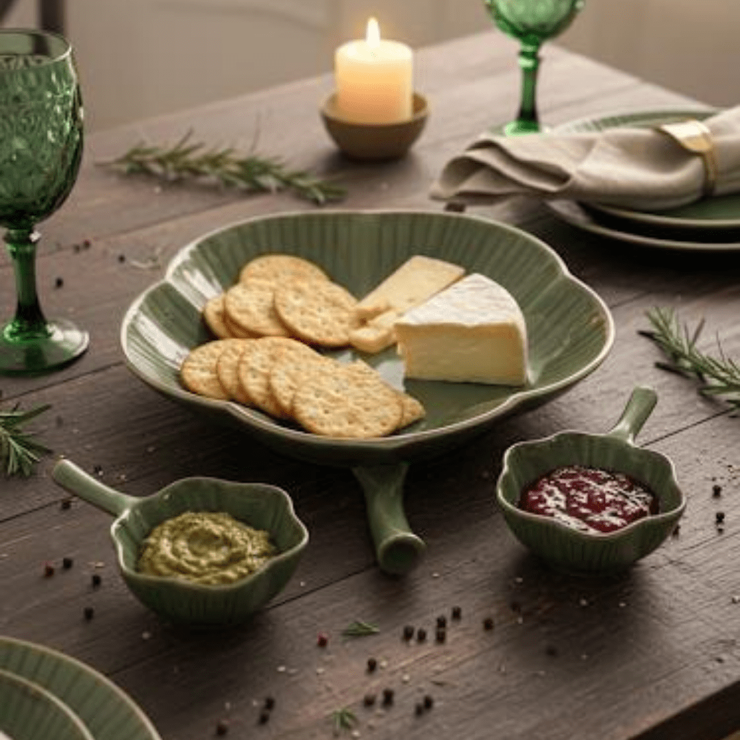 Tatva Lotus Chip and Dip Set, Ceramic Set with 1 Platter and 2 Dip Bowls