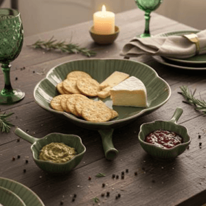 Tatva Lotus Chip and Dip Set, Ceramic Set with 1 Platter and 2 Dip Bowls - Green