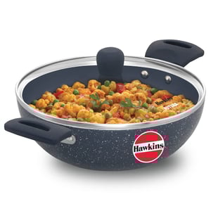 Hawkins Ceramic Nonstick Deep Kadhai, Induction Deep Fry Pan with Glass Lid, Granite Kadai - 2.5 Litres (For 2–3 People)