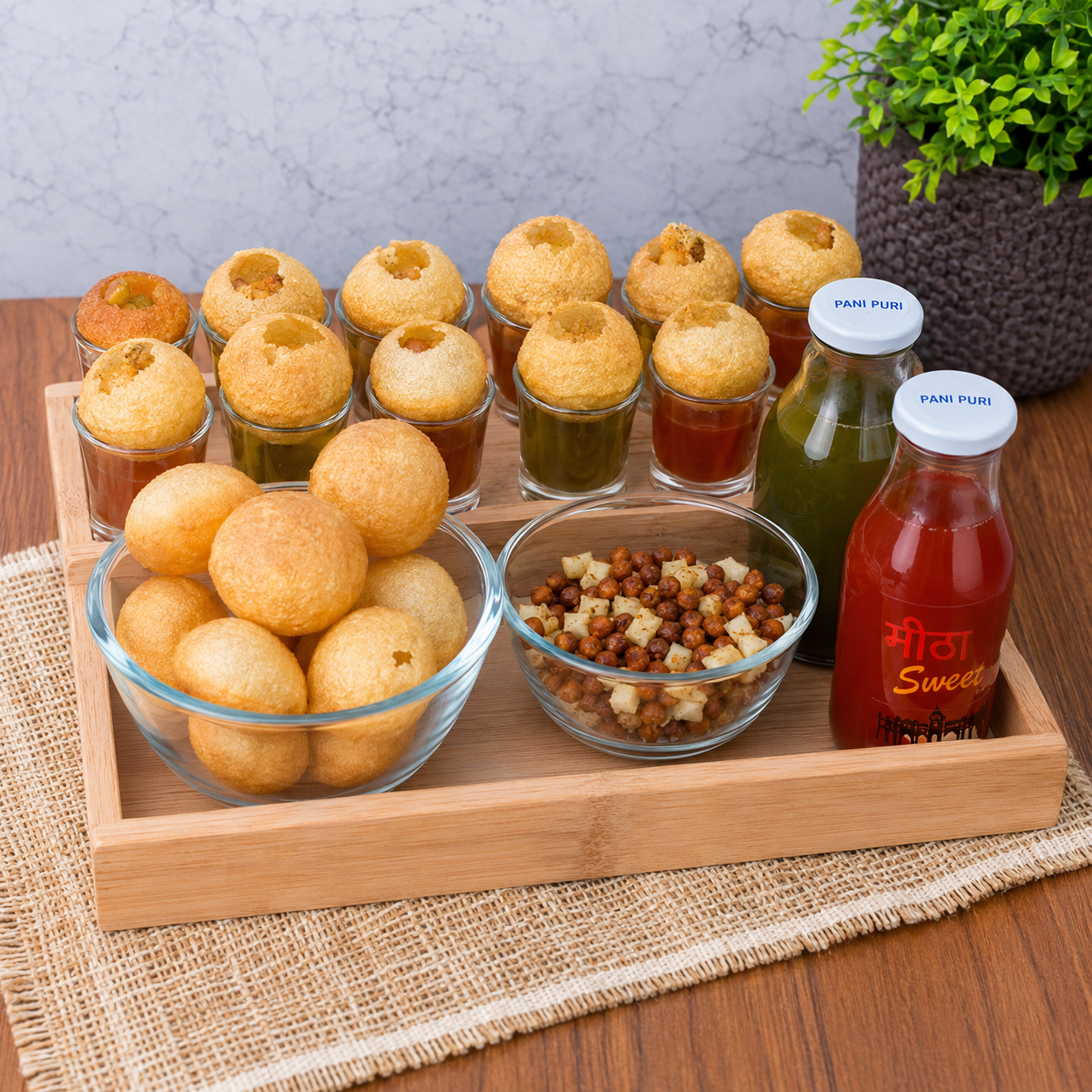 Deco Pride Pani Puri Serving Set with Bamboo Tray - 12 Shot Glasses, 2 Bottles & 2 Bowls