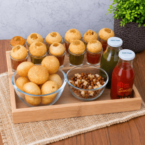 Deco Pride Pani Puri Serving Set with Bamboo Tray - 12 Shot Glasses, 2 Bottles & 2 Bowls