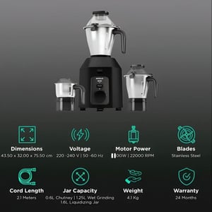 Havells Hexo Mixer Grinder, 1100 Watts, 2 years Warranty image 3