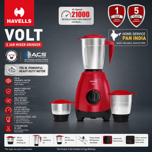 Havells Volt 750W Mixer Grinder | 304 Stainless Steel Blades, 3 Speed + Pulse, Overload Protector | 3 & 4 Jar Options image 3