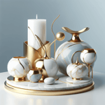 A luxurious set of candle holders designed for elegant home decor, featuring dominant colors of gold, white, and light blue.