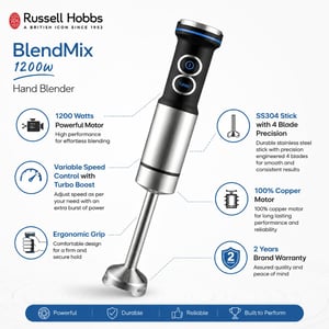 Russell Hobbs BlendMix 1200W Hand Blender | 100% Copper Motor, SS304 4-Blade Stick, Variable Speed + Turbo | 2-Year Warranty image 2