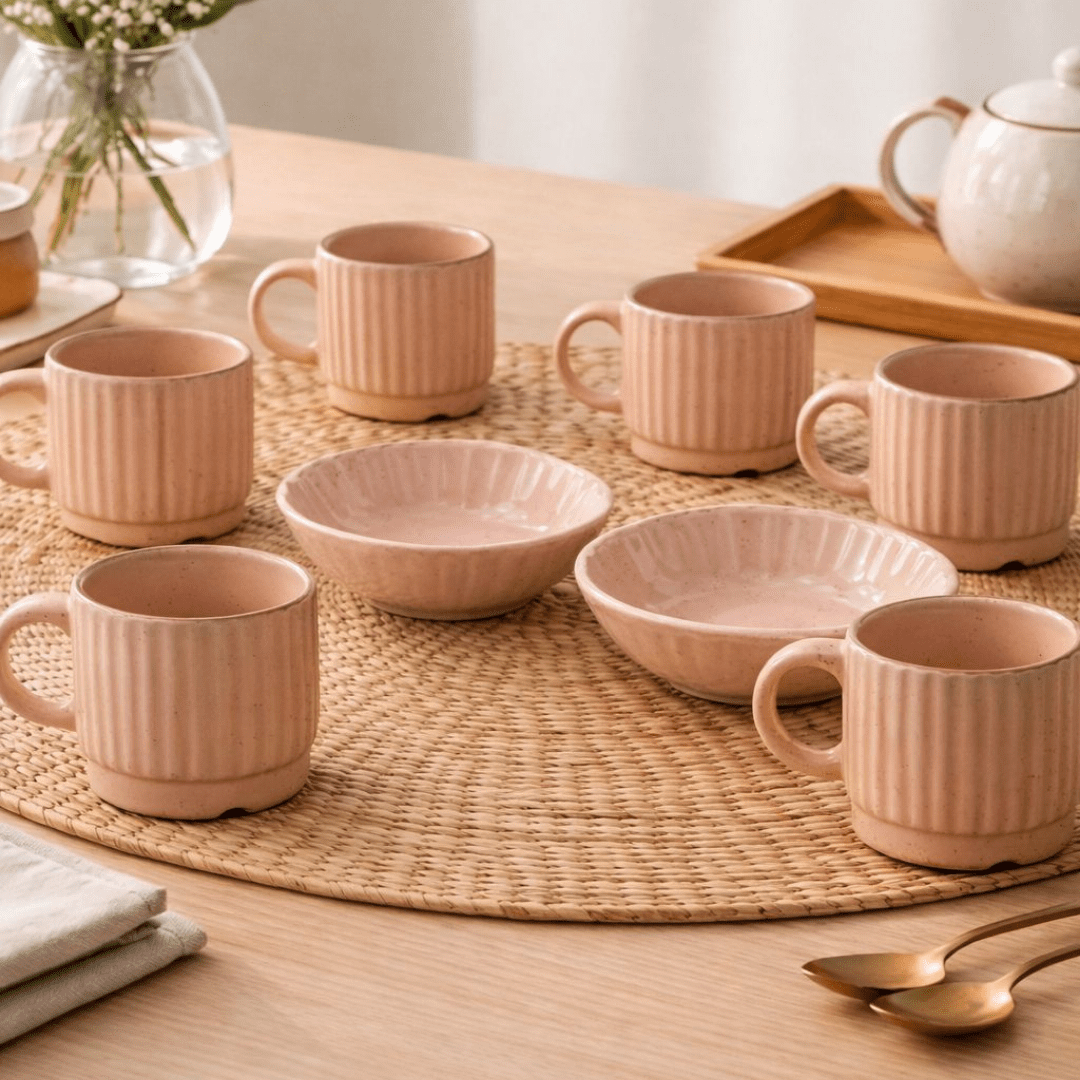 Tatva Jolly Set, Ceramic 6 Pcs Cups with 2 Bowls