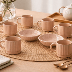 Tatva Jolly Set, Ceramic 6 Pcs Cups with 2 Bowls - Peach