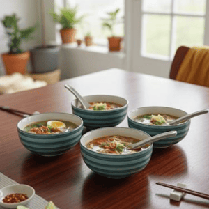 Tatva Ceramic Soup Set, 4 Pcs Bowl with 4 Spoons - Design-3