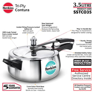 Hawkins 3.5 Litre Triply Contura Pressure Cooker, Triply Stainless Steel Induction & Contura shaped Cooker, Silver (SSTCO35) image 8