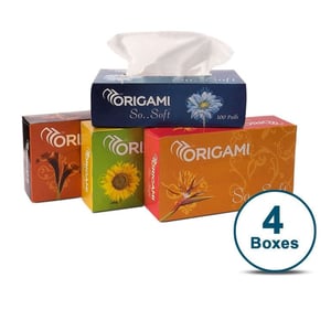 Origami Facial Tissue Box 100 Pulls (Pack of 4),  Premium Paper Quality