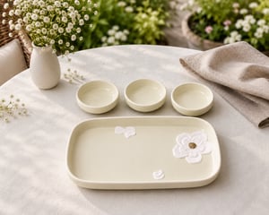 Magnolia Embossed Serving Tray with 3 Dip Bowls – Ivory