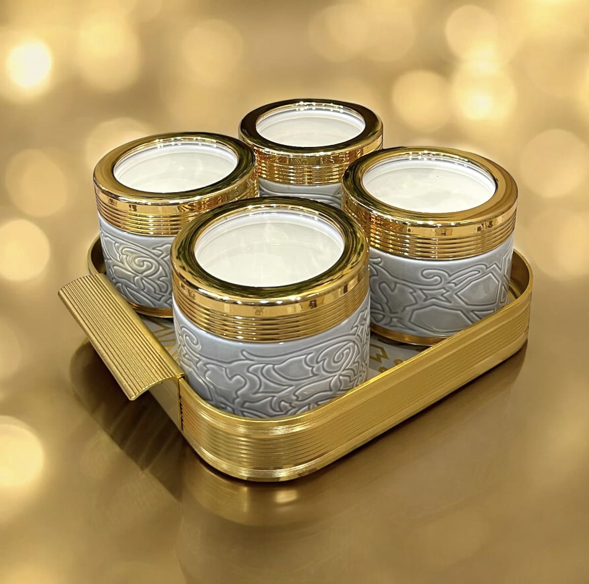 DouxDecor Premium Dry Fruit 4 Jars Candy with Metallic Tray, Premium Serve-ware for Hosting and Gifting
