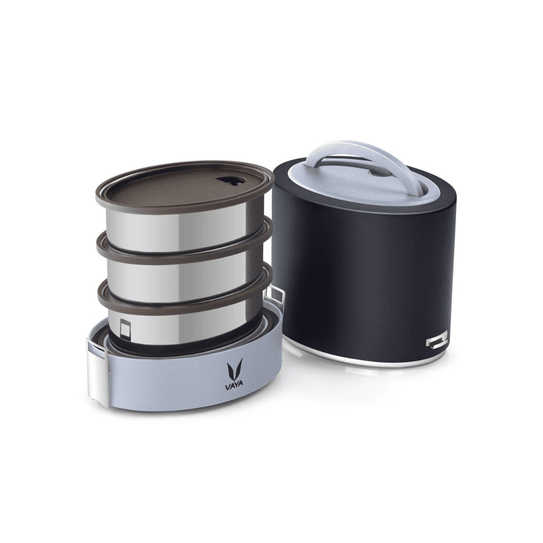 Vaya Tyffyn Lyte 1000 ml, 3 Stainless Steel Containers with Insulated Outer Body, Keeps Food Hot & Fresh For Long Hours