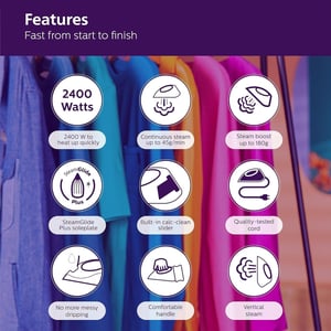 Philips Steam Iron with SteamGlide Plus Soleplate 2400 Watts - DST5030/80, 2 years warranty image 3