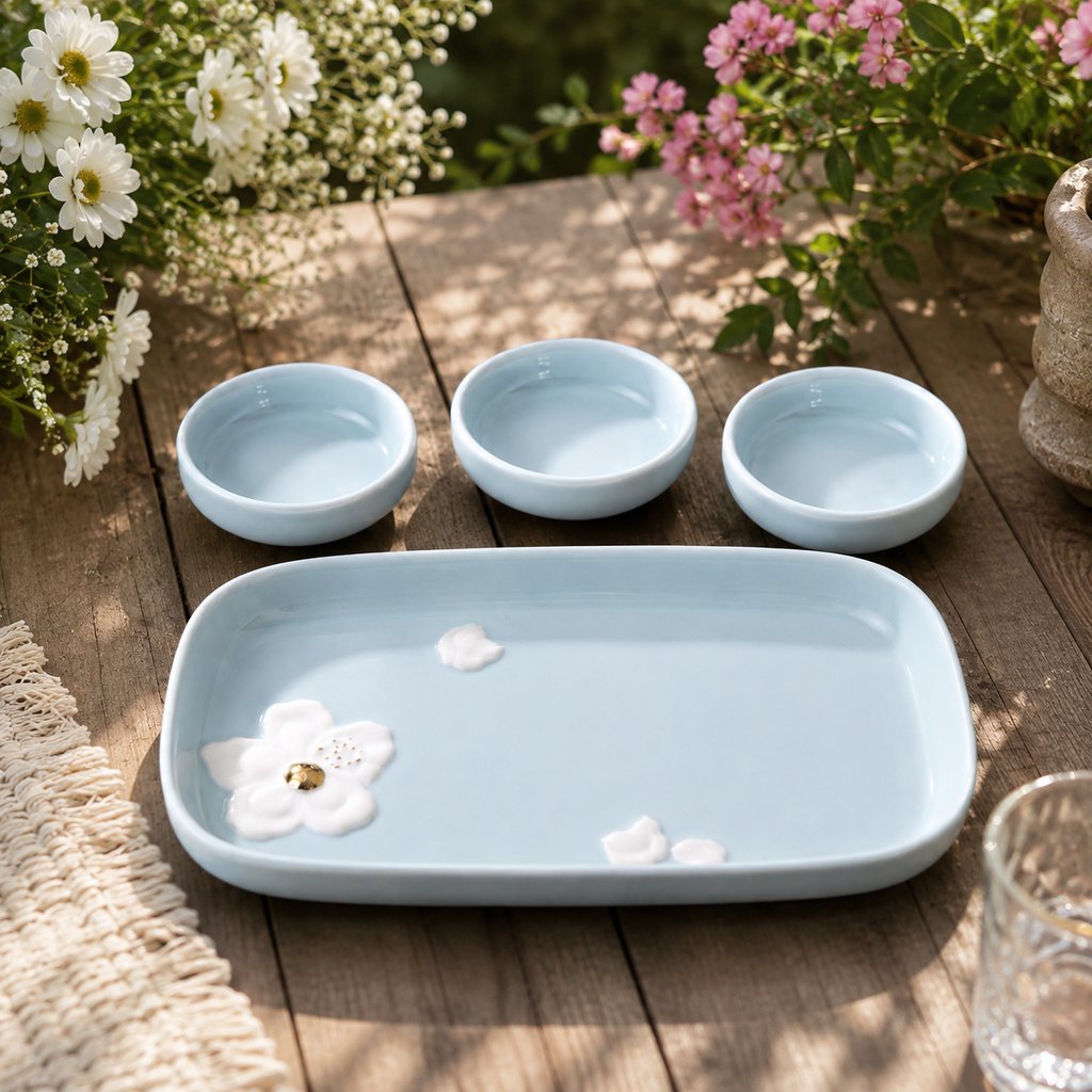 Magnolia Embossed Serving Tray with 3 Dip Bowls — Bihari Bartan Bhandar
