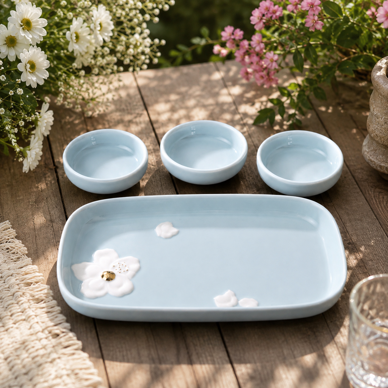 Magnolia Embossed Serving Tray with 3 Dip Bowls