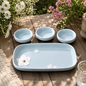 Magnolia Embossed Serving Tray with 3 Dip Bowls