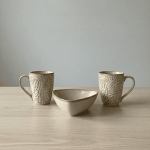 Tatva Royal Serving Set, Ceramic Set with 2 pcs Mugs and 1 Bowl - Beige