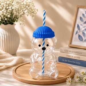 Addox Bear Sips Borosilicate Glass Tumbler with Straw, 650ml - Blue