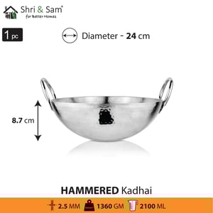 Sri and Sam STAINLESS STEEL HEAVY WEIGHT HAMMERED KADHAI, Heavy Gague Steel Ideal for Everyday Cooking & Deep Frying - 24 cm
