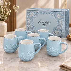 Maison Moderne Paris Blue Floral Embossed Porcelain Mug, Set of 6