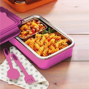 Dubblin Buffet Lunch Box, Stylish & Compact with separate Spoon & Fork Compartment, Well suited for school use - Pink