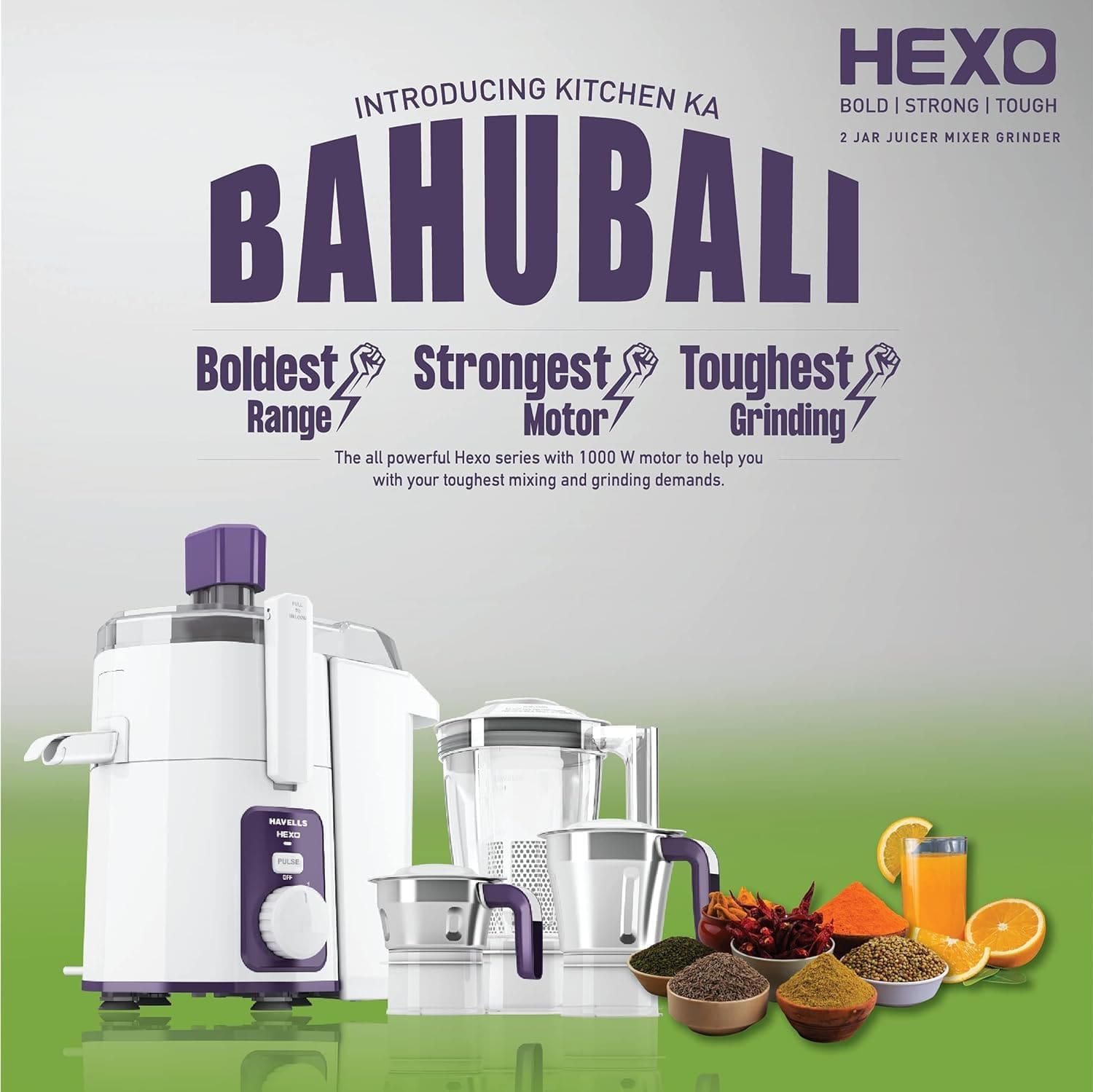 Havells Hexo 1000 Watts Juicer Mixer Grinder (JMG), 3 Jar, Heavy Duty Mixer