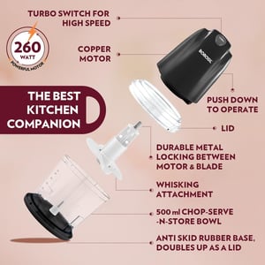 Borosil Chef Delite 260 Watts Electric Chopper for Kitchen, Twin Blade Technology, 500 ml 'chop-n-store' plastic bowl with lid, Vegetable Chopper, Cutter, Chop, Mince, Dice, Whisk, Blend, Black image 8