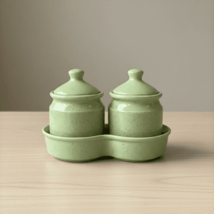 Tatva Ceramic Pickle Set, 2 Pcs Ceramic Jars with Lid - Green