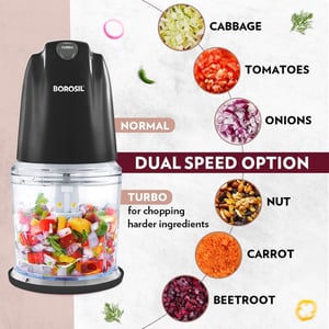 Borosil Chef Delite 260 Watts Electric Chopper for Kitchen, Twin Blade Technology, 500 ml 'chop-n-store' plastic bowl with lid, Vegetable Chopper, Cutter, Chop, Mince, Dice, Whisk, Blend, Black image 3