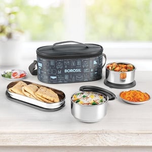 Borosil Carry fresh Lunch Box, Vaccum Insulated Leak Proof Containers - 3 Container Flat