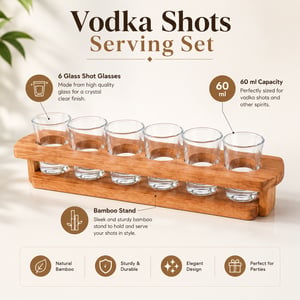 Deco Pride Vodka Shot Glass Serving Set, 6 Glasses (60ml) with Bamboo Stand image 2