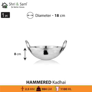 Sri and Sam STAINLESS STEEL HEAVY WEIGHT HAMMERED KADHAI, Heavy Gague Steel Ideal for Everyday Cooking & Deep Frying - 18 cm