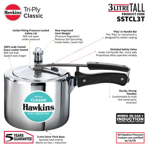 Hawkins Triply 3 Litre Classic Pressure Cooker, Triply Stainless Steel Induction Inner Lid & Tall Design Cooker, Silver (SSTCL3T) image 7