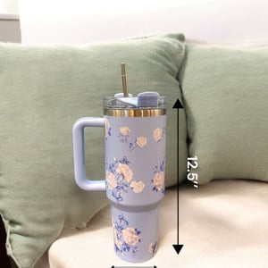 Stainless Steel Insulated Cup with Handle, Floral Prints, 1200 ml - Light Blue