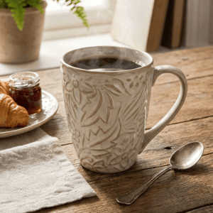 Tatva Embossed Ceramic Mug, 300 ml Capacity, Ideal for Coffee and Teas - White