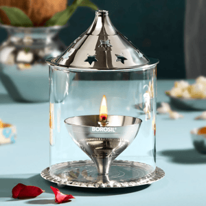 Borosil Nickle Akhand Diya with Borosilicate Glass - Large