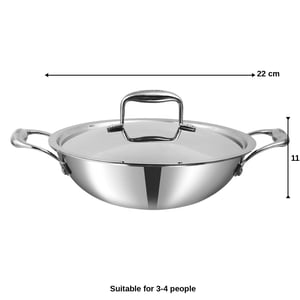 Vinod Platinum Triply Stainless Steel Kadai with Lid, SAS Metal for Even & Quick Heating, Induction & Gas Compatible - 3-4 people