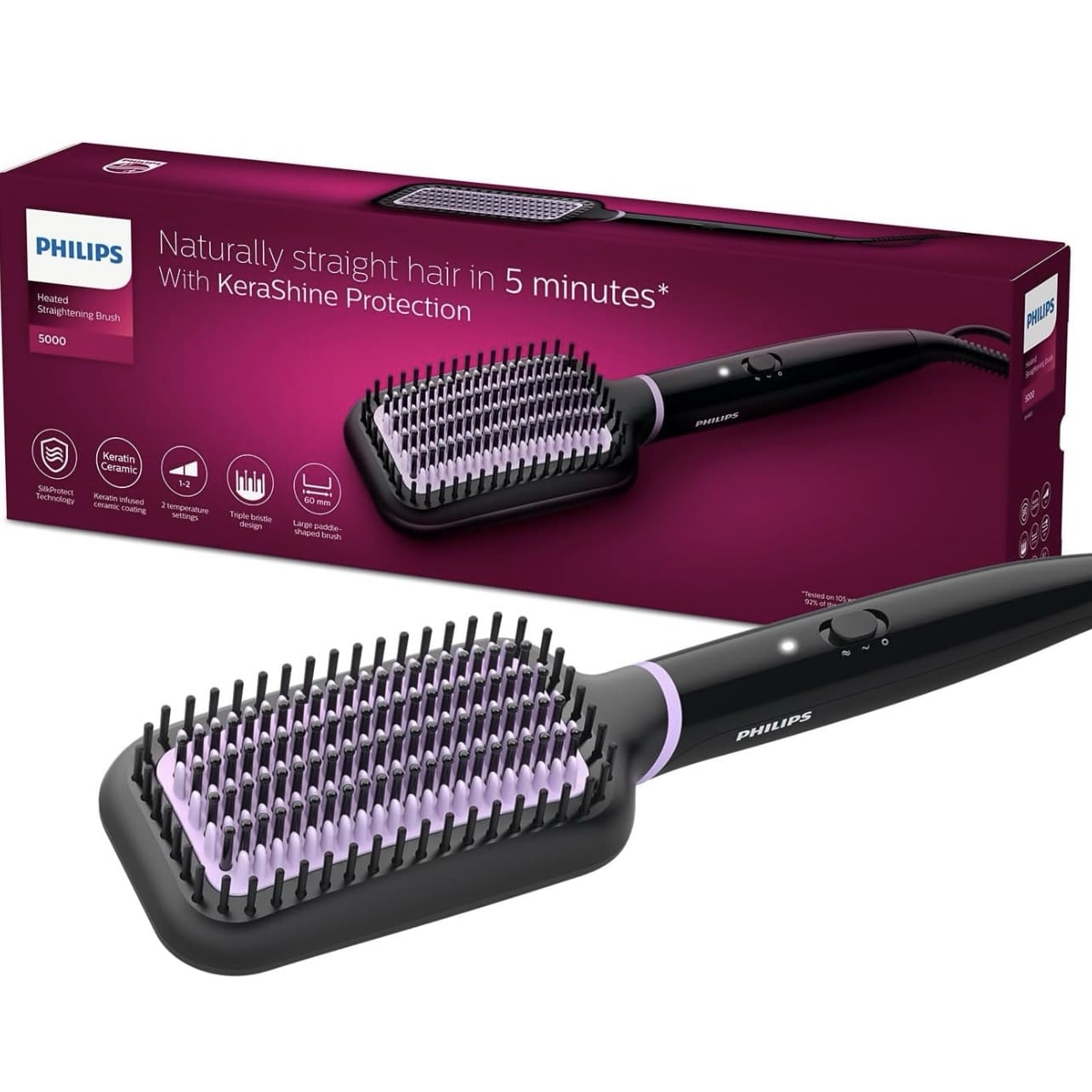 Philips BHH880/10 Hair Straightening Brush | ThermoProtect, Keratin-Ceramic Bristles, 170/200°C Settings | 2-Year Warranty