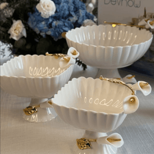 Devnow Ceramic Platter with Gold Accents – Elegant Serveware for Hosting & Gifting - Small Footed Platter