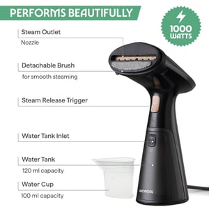 Borosil 1000W Handheld Garment Steamer | Ceramic Coated Soleplate | Dual Steam Modes (Horizontal & Vertical Ironing) | 120ml Detachable Water Tank | Overheat Protection | 2 Year Warranty (GS03) image 7