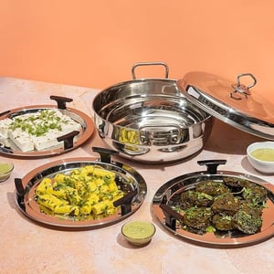 Vinod Stainless Steel Multi Kadai with 5 Plates - 26cm | 2 Idli, 2 Dhokla/Momos and 1 Patra Plates | Dhokla and Momos Steamer/Maker image 2